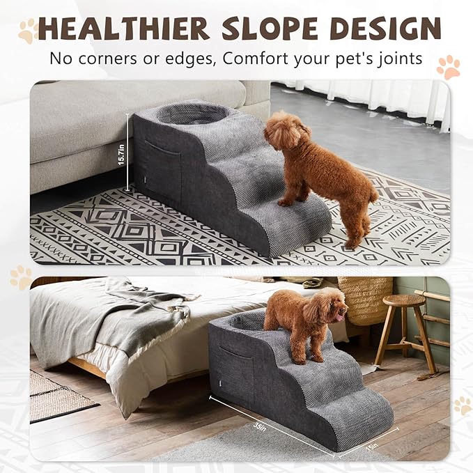 Dog Stairs, Dog Stairs for Small Dogs, 3-Step Pet Stairs, Dog Steps for Bed, Dog ramp, pet Stairs for high beds, Old Dog pet Steps, Non-Slip Pet Step Indoor, Grey