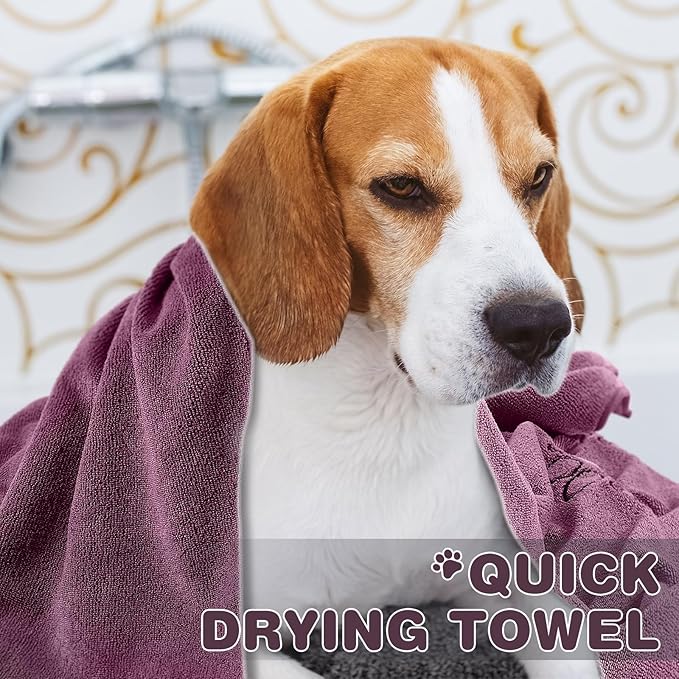 Chumia 4 Pack Dog Towels for Drying Large Microfiber Grooming Tools Absorbent Soft Bath Supplies with Embroidered Paw for Small Medium Pet Products(30 x 50 Inch,Purple)