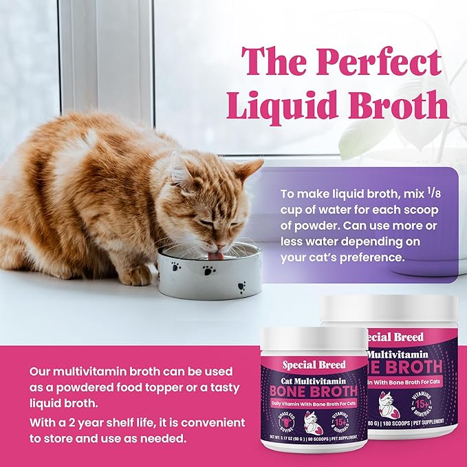 Cat Multivitamin with Grass-Fed Beef Bone Broth – Daily Supplement for Immune, Joint, Skin, Coat & Gut Health – Omega 3s, Lysine, Beta Glucan, Vitamins A-E, C, D – 90 Day Supply – No Fillers