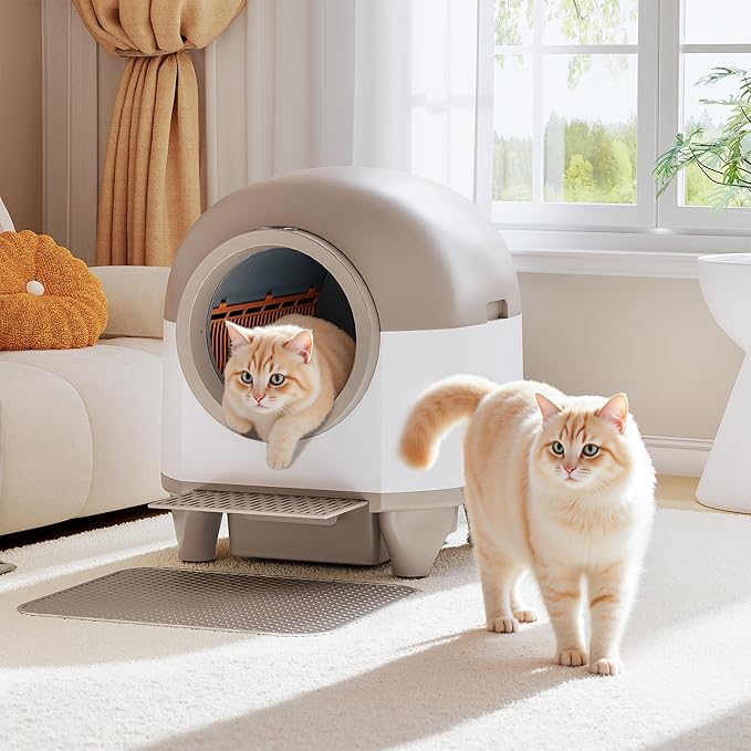 WARCAT Self Cleaning Litter Box Automatic, 90 L Automatic Cat Litter Box for Multiple Cats APP-Controlled with Smart Sensors, Safety Protection,Mat,1 Roll Garbage Bag (Brown)