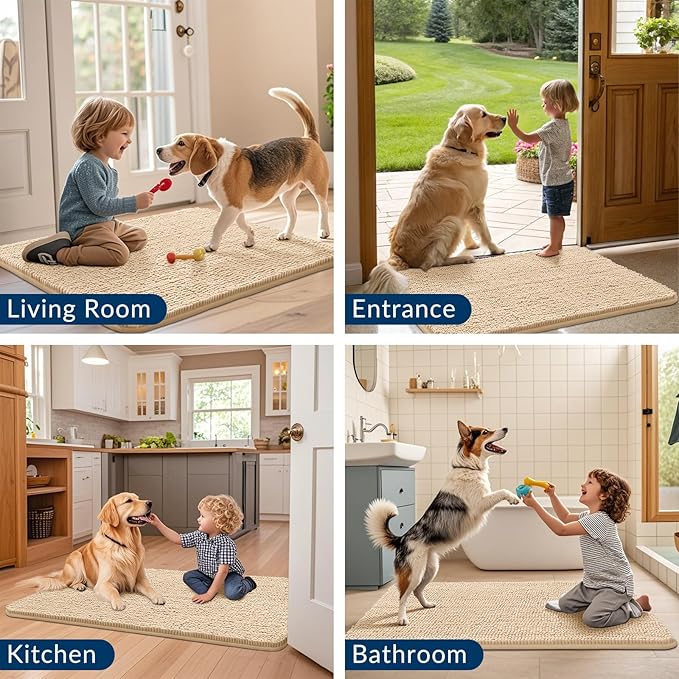 Smiry Dog Door Mat for Muddy Paws 70x32, Absorbs Moisture and Dirt Doormat, Non-Slip Washable Quick Dry Chenille Front Door Mat Indoor Entrance, Entryway Carpet for Inside Floor, Beige
