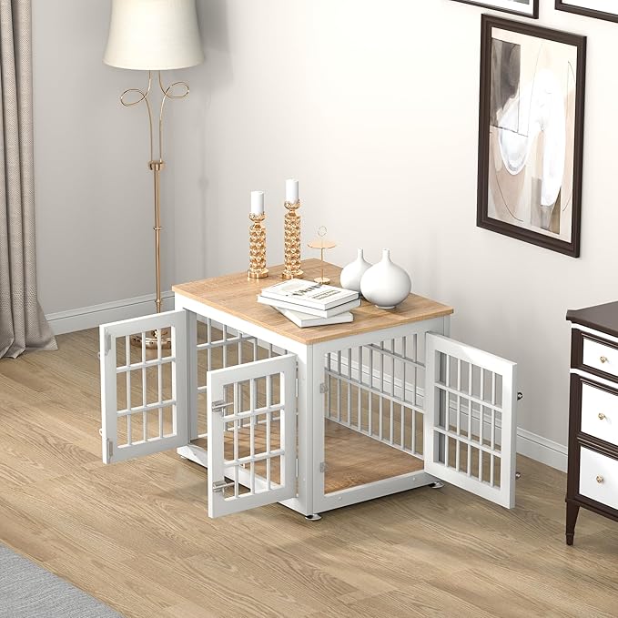 26 Inch Heavy Duty Dog Crate Furniture for Small Dogs, Decorative Pet House End Table, Wooden Cage Kennel Furniture Indoor, White and Natural