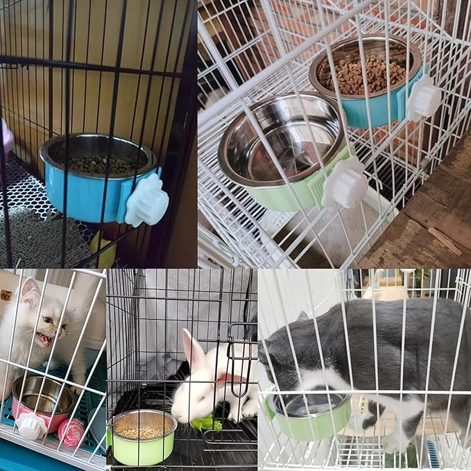 kathson Crate Dog Bowl, Removable Stainless Steel Hanging Pet Cage Bowl Food & Water Feeder Coop Cup for Cat, Puppy, Birds, Rats, Guinea Pigs 2pcs(Green,Pink)