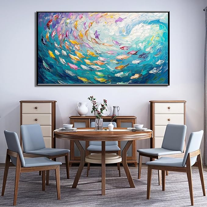 Fish Canvas Wall Art, Abstract School of Fish Canvas Wall Art, School of Fish Painting Canvas, School of Fish Wall Art, Fish Wall Decor, Fish Pictures Wall Decor, Bedroom Canvas Wall Decor (Black Framed, 59"x33" | 150x84cm)