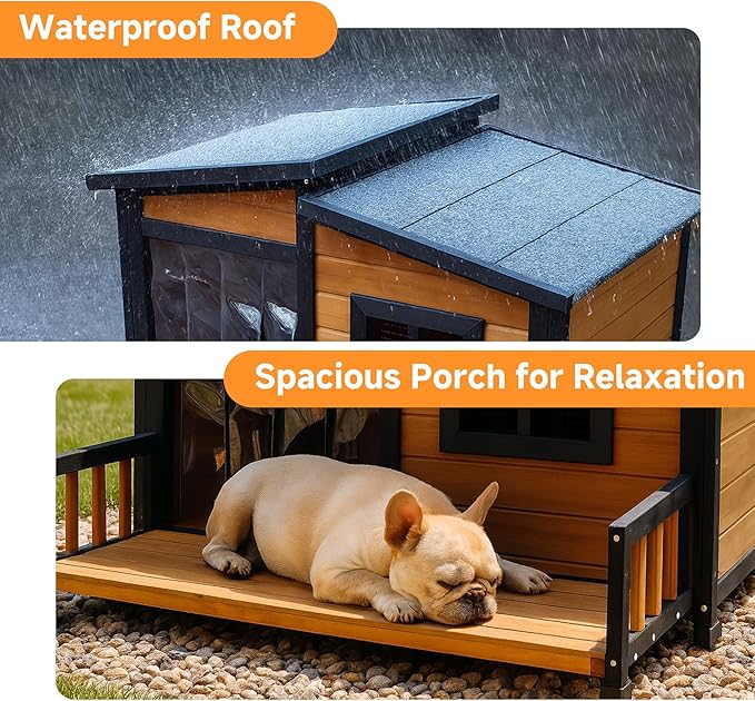 Large Indoor Outdoor Dog House,Wood Insulated Dog House,Weatherproof Outside Shelter with Elevated Floor,Easy to Assemble(39.3" L x 37.5" W x 30" H)
