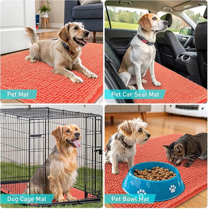 OLANLY Dog Door Mat for Muddy Paws 30x20, Absorbs Moisture and Dirt, Absorbent Non-Slip Washable Doormat, Quick Dry Chenille Mud Mat for Dogs, Entry Indoor Entryway Carpet for Inside Floor, Coral