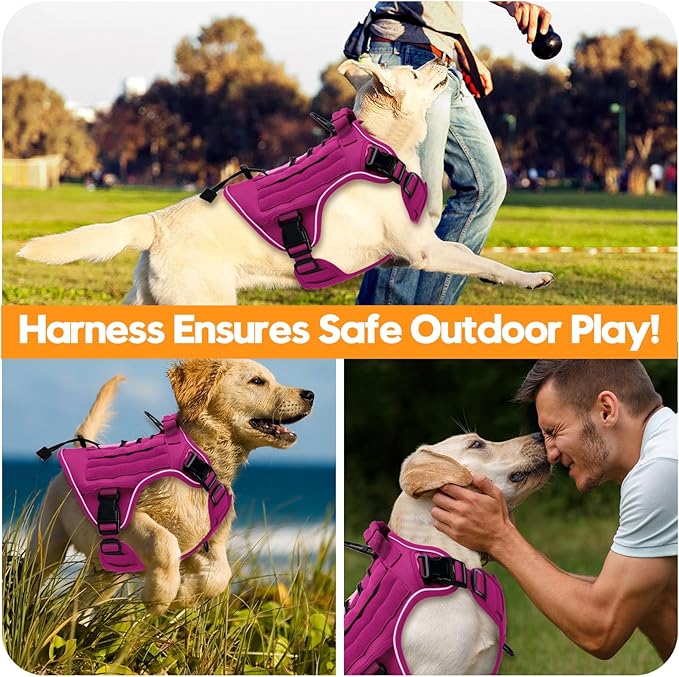 Heavy-Duty Tactical Dog Harness for Large Dogs, No Pull Adjustable Reflective Pet Vest with Molle System, K9 Military-Grade Control for Service Training, Outdoor & 10+ Breeds, Pink, Large