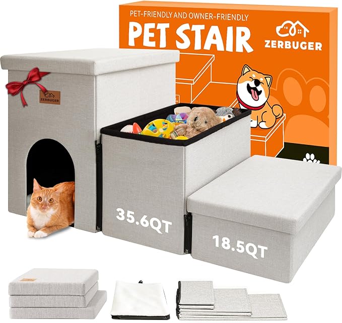 Dog Stairs with Condo 18" H, 3-Step Wider Dog Steps for High Beds Couch, Folding Storage Pet Stairs Gift for Small/Medium/Large Old Dogs Cats, Ramp for Climbing Car Up to 200 lbs, Beige