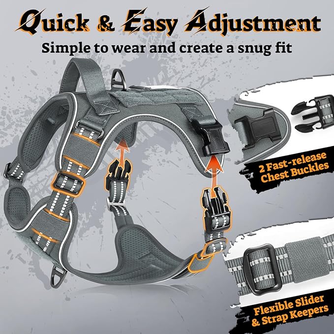 rabbitgoo Dog Harness for Large Dogs No Pull, Tactical Service Pet Vest with Molle and Control Handle, Adjustable and Reflective Military Harness for Easy Walking and Training, Grey, L