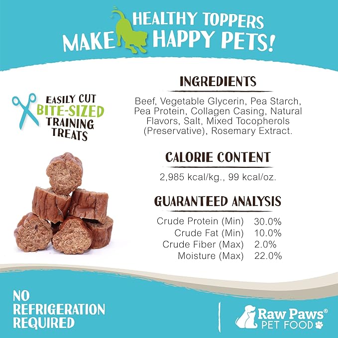 Raw Paws Grain-Free Soft Sausage Treats for Dogs & Cats - Beef Recipe, 6-oz - Made in USA - Great for Training Puppies or as a Reward - Beef Jerky for Dogs - Soft Cat Treats