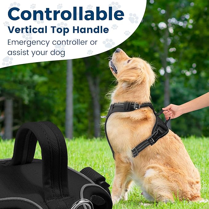 Funfox Dog Harness No Pull, Adjustable Dog Vest Harness Super Soft, 2 Leash Clips Anti Pull, Vertical Handle Easy to Control, Reflective Night Walking for XLarge Breed, Black, XL