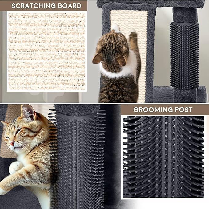 Large Cat Tree Tower for Large Cats, Cat Scratching Post, Self Grooming Post, Interactive Cat Toys, Oversized Perch and Basket, Heavy Duty 72", Dark Grey