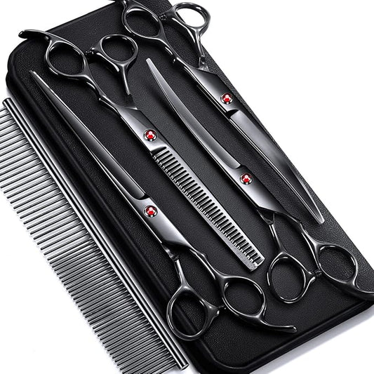 Gimars 7.0in Professional 4CR Stainless Steel Safety Round Tip 6 in 1 Dog Grooming Scissors Heavy Duty Titanium Coated Pet Grooming Scissor for Dogs, Cats and Other Animals