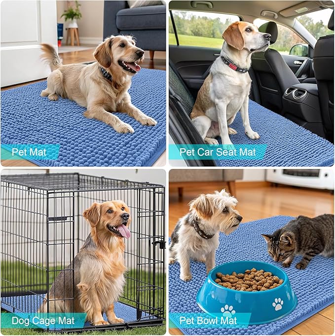 OLANLY Dog Door Mat for Muddy Paws 30x20, Absorbs Moisture and Dirt, Absorbent Non-Slip Washable Doormat, Quick Dry Chenille Mud Mat, Entry Indoor Entryway Carpet for Inside Floor, Cornflower Blue