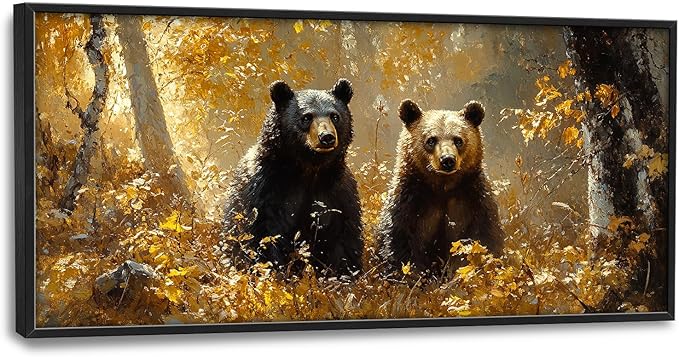 Large Forest Bear Wall Art for Living Room, Black Bear Autumn Canvas Oversized Wall Decor, Wildlife Framed Pictures Painting Print Artwork for Bedroom Office 60L" x 30W"