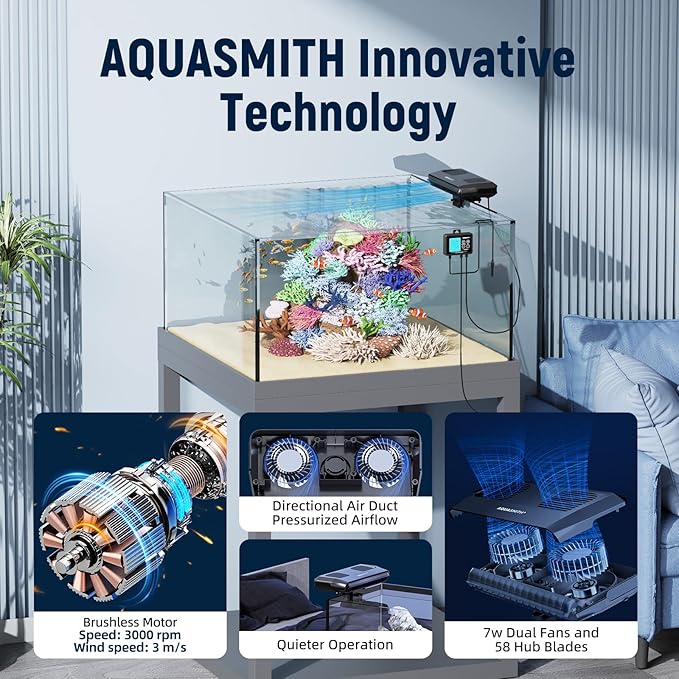 Aquarium Chiller Fan,Fish Tank Cooler with Temperature Control,Minimum Setting 59℉,Auto Start/Stop,Refrigeration Effect 5.4-9℉,3-Speed Modes,for Axolotl Seawater Freshwater Coral Grass Tank