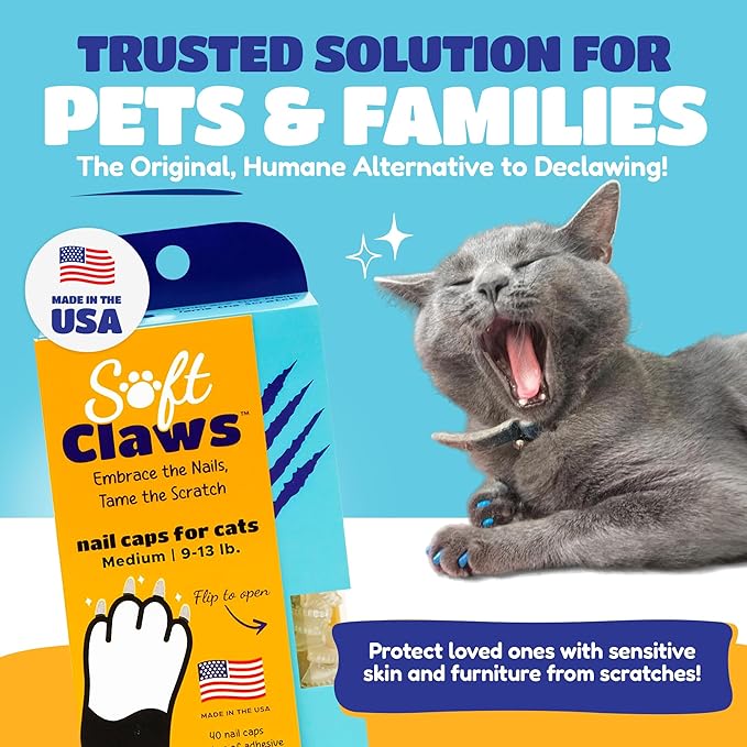 Soft Claws Cat Nail Caps for Medium Cats – (40 Caps, Blue & Green) - Made in USA - Veterinarian-Developed | Protects Furniture & Skin - Easy to Apply, Long-Lasting Anti-Scratch Soft Cat Claw Covers
