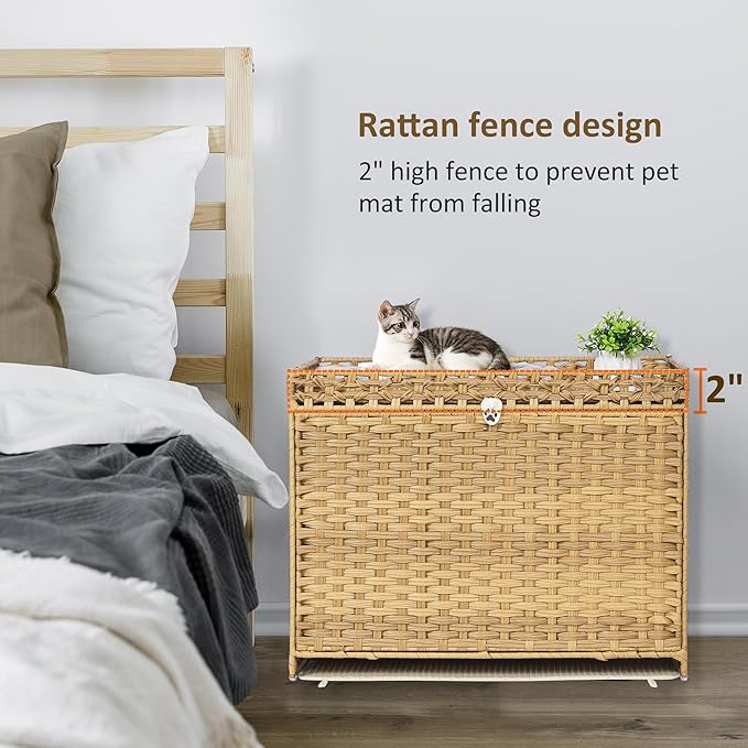 Cat Litter Box Enclosure with Soft Litter Mat; Hidden Cat Washroom Furniture with Door; Handwoven Rattan Kitten House with Large Space; Pet Crate for Living Room, Bedroom, Balcony (Natural)