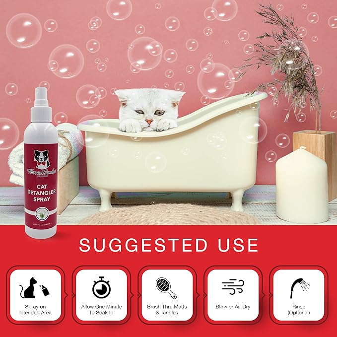 Warren London Cat Detangler Spray Bundle with Pin Brush for Matted Hair | Leave in Conditioner Pet Detangling Spray That Demattes & Refreshes | 8oz w/Pin Brush