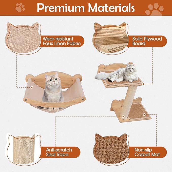 Tangkula Cat Wall Shelves, Wall Mounted 4pcs Kitten Furniture Set with Hammock, 2-Step Kitty Tree, Perch, Non-Slip Carpet Mat, Sisal Stairs & Scratching Posts, Wooden Cat Climber Steps (Natural)
