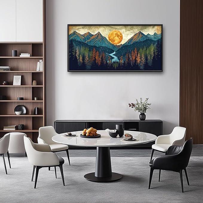 Quorin Boho Mountain Large Wall Art Mountain Landscape Pictures Moon Pine Tree Forest Lake Wall Decor Nature Canvas Print Painting Artwork for Bathroom Living Room Bedroom 60L x 30W