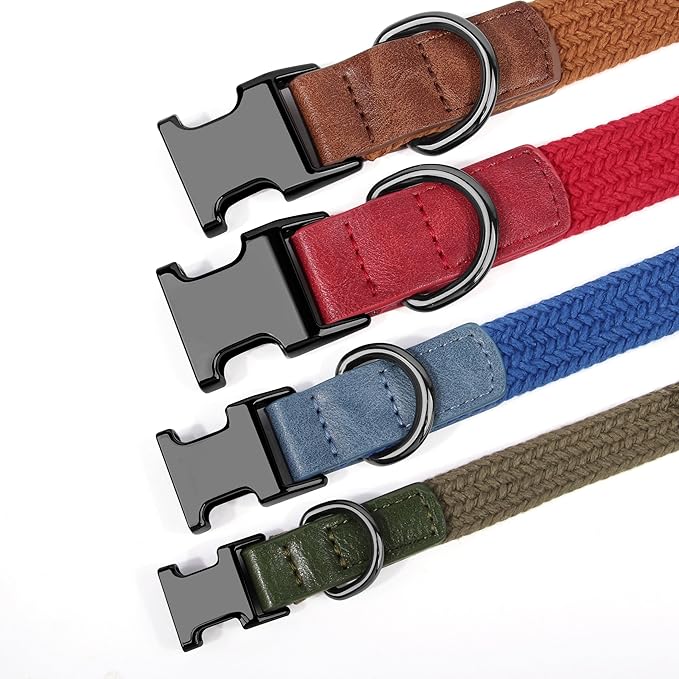PET ARTIST Soft Cotton Dog Collars for Small Dogs in Rustic Brown, Simple Dog Collar with Quick Release Metal Buckle & D Ring, S Size (10-16")