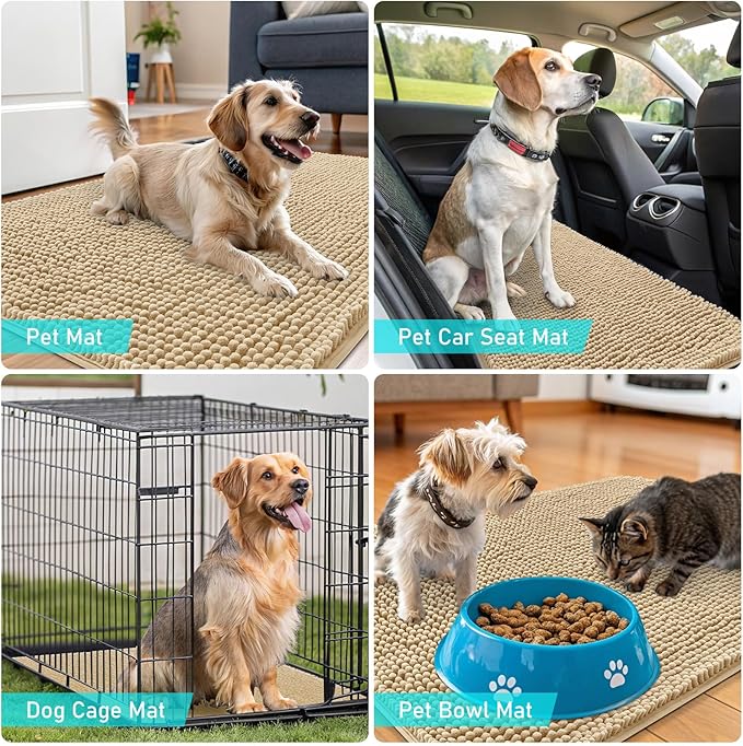 OLANLY Dog Door Mat for Muddy Paws 30x17, Absorbs Moisture and Dirt, Absorbent Non-Slip Washable Doormat, Quick Dry Chenille Mud Mat for Dogs, Entry Indoor Entryway Carpet for Inside Floor, Beige