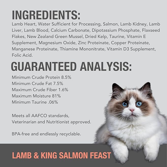 Feline Natural New Zealand Canned Catfood Wet Food, High-Meat, Low-Carb, & Grain Free Cat Food Wet, Lamb & Salmon Feast, 6 oz, Pack of 12