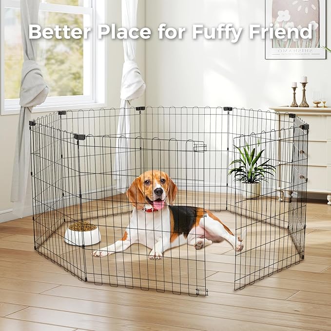 Foldable Dog Playpen 30" Height 8 Panels Metal Exercise Pen No Door - Indoor/Outdoor Puppy Playpen for Small Dogs, Portable Pet Fence for Yard Garden Camping, Black