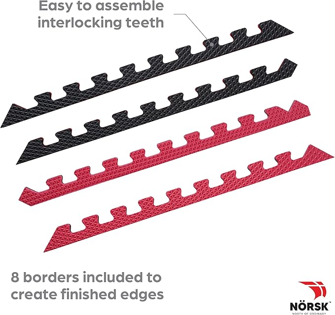 Norsk Reversible Gym Exercise Mats 3/4" Thick EVA Interlocking Foam Tiles, Perfect Home Gym Flooring, 20 Tiles & 40 Trim Pieces, 80 Sq. Ft. Reversible, Red/Black
