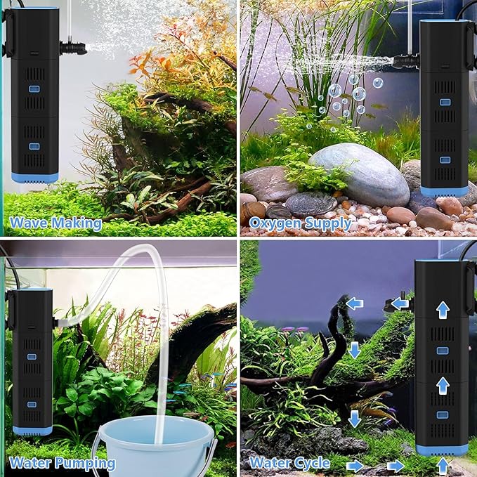 Aquarium Filter for 10-50 Gallon Tank,132GPH Fish Tank Filter 6W Green Clean Machine Submersible Pump Filter for Green Water and Algae Clean,Submersible Internal Filter for Saltwater Freshwater