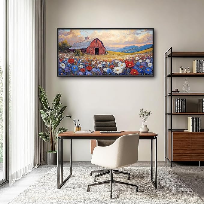 Large Farmhouse Barn Daisy Wall Art for Living Room, Floral Landscape Canvas Oversized Wall Decor, Flower Scenery Framed Pictures Painting Print Artwork for Bedroom Office 60"L x 30"W
