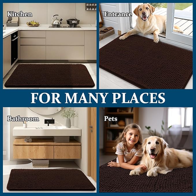 OLANLY Dog Door Mat for Muddy Paws 59x35, Absorbs Moisture and Dirt, Absorbent Non-Slip Washable Doormat, Quick Dry Chenille Mud Mat for Dogs, Entry Indoor Entryway Carpet for Inside Floor, Brown