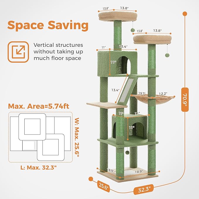 PAWZ Road 70 Inch Cat Tower, Cactus Cat Tree with 2 Cozy Condos, 2 Plush Perch, Large Basket, 2 Scraching Pad & 6 Scraching Posts for Indoor Cats Large Adult