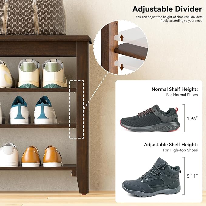 Shoe Bench Storage Rubberwood, Entryway Bench with 3-Tiers Height Adjustable, Shoe Rack Front Door Entrance Organizer for Hallway Living Room, Mudrooms, Walnut,39.4"