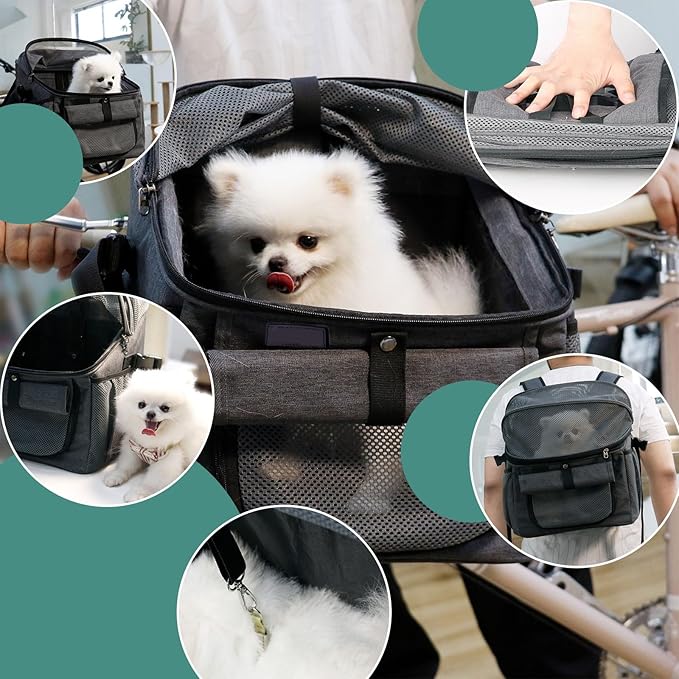 Qivine Dog Bike Basket, Oxford Cloth Dog Basket for Bike with Adjustable Mesh Windows, 11 Lbs Portable Dog Carrier for Bike with Widen Shoulderpad, Bicycle Basket Bag for Dogs and Cats