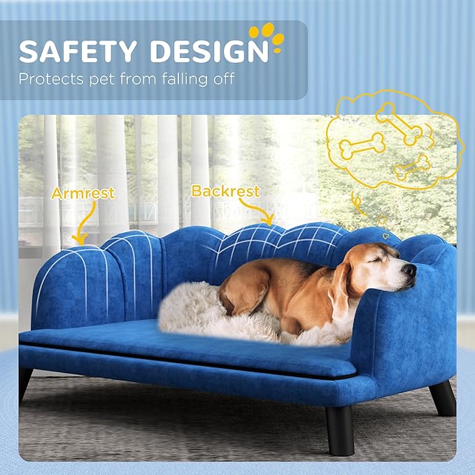 PawHut Velvet Large Dog Couch with Foam Cushion, Soft and Cute Bed with Pearl Design, Sofa for Big and Medium Dogs, Dark Blue