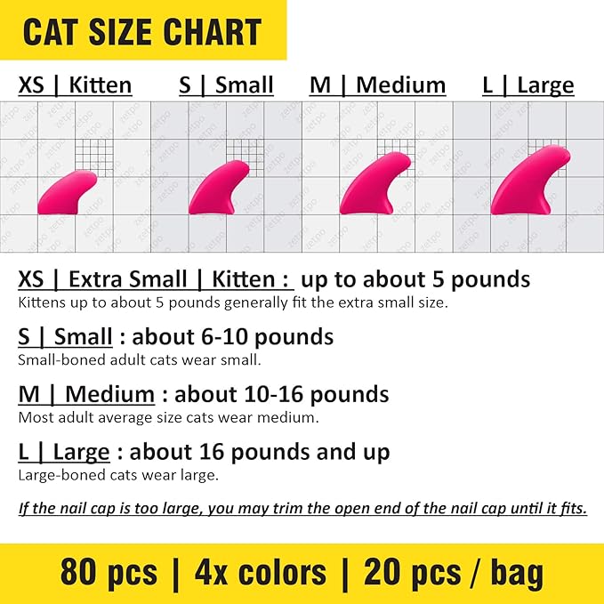 zetpo 80 pcs Cat Claw Covers | Cat Nail Caps | with Adhesives and Applicators (S, White, Black, Blue Glitter, Sky Blue)