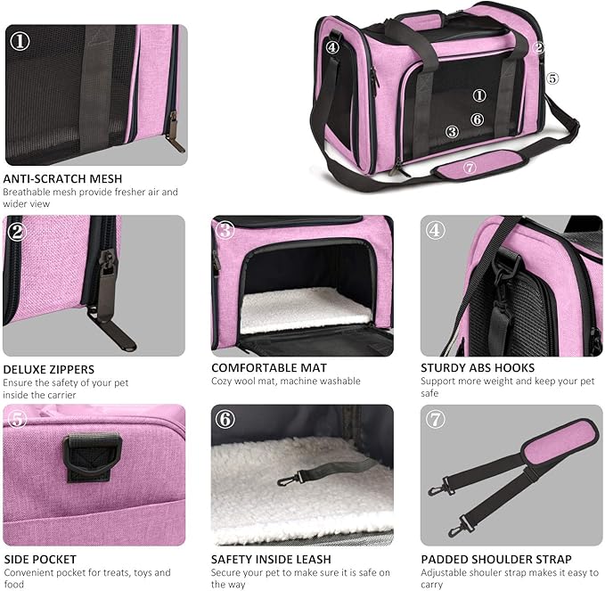 Large Cat Carriers Dog Carrier Pet Carrier for Large Cats Dogs Puppies up to 25Lbs, Big Dog Carrier Soft Sided, Collapsible Travel Puppy Carrier - Large - Pink