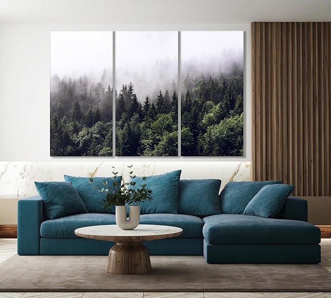 Nature Wall Art Prints - Ocean Forest Mountain Lake Canvas Landscapes - Small to Extra Large Living Room Bedroom Kitchen Bathroom Décor (Foggy Pine Forest, 31L" x 47W" - 3 Panels)