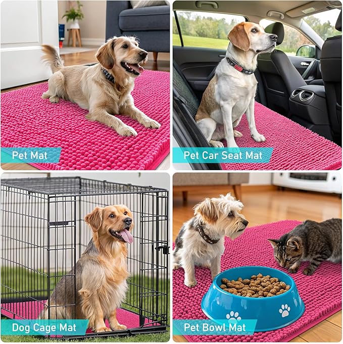 OLANLY Dog Door Mat for Muddy Paws 47x20, Absorbs Moisture and Dirt, Absorbent Non-Slip Washable Doormat, Quick Dry Chenille Mud Mat for Dogs, Entry Indoor Entryway Carpet for Inside Floor, Hot Pink