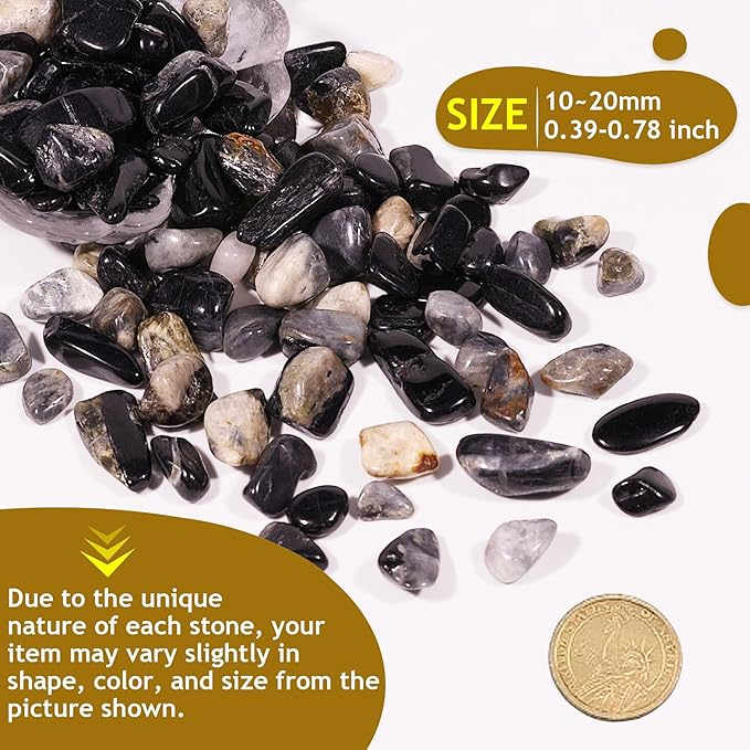 Black Tourmaline Crystal Chips Tumbled Stone 1 lb 600+Pcs Polished Crystal Aquarium Gravel Rocks for Fish Tank, Gardening,Flower Pots,Vase Fillers,Indoor Water Fountains,Landscaping