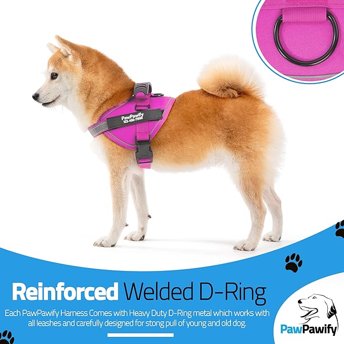 PawPawify Custom No Pull Dog Harness with Name and Phone Number, Heavy Duty Personalized Pet Vest to Prevent Tugging, Pulling, or Choking, Training and Walking (New Pink, XL (60-85 LBS))