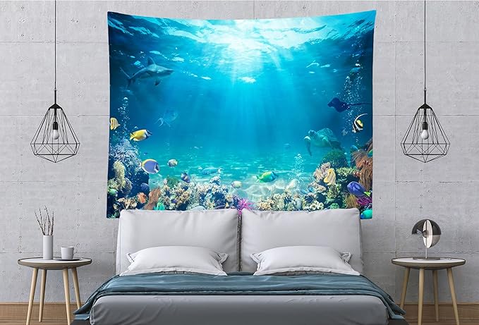 Underwater World Tapestry Blue Ocean Wall Hanging Under the Sea Coral Reef Wall Tapestry Tropical Fish Tank Undersea Tapestries Marine Wall Art for Bedroom Living Room Dorm Decor 118''x98''