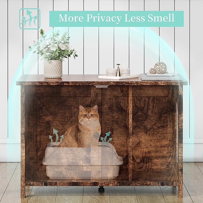Vongrasig Cat Litter Box Enclosure,Litter Box Furniture Hidden with Barn Door,Wooden Cat Washroom Furniture,Cat House,End Table, Fit Most of Litter Box, Brown