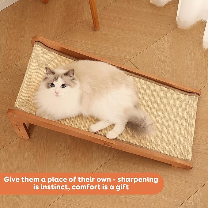 L-Shaped Cat Scratching Post - Beechwood Base, 28.5" Natural Sisal Woven Cat Scratch Pad, Durable Cat Scratcher, Furniture Protector for Cats' Clawing and Play