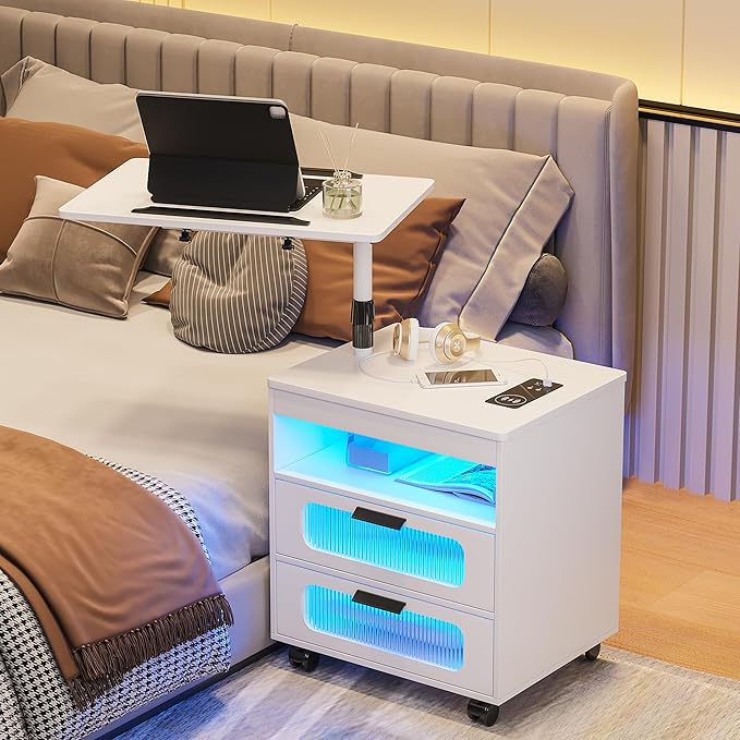 HNEBC Nightstand with Wireless Charging Station, LED Nightstand Has Adjustable Rotary Workstation,Smart Night Stand with 2 Drawers,Modern Bedside Table for Bedroom, Sensor Light/Wheel (White)