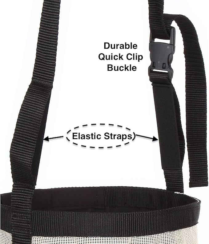 Majestic Ally Horse Feed Bag, Heavy Duty Nylon Mesh Grain Feed Bag, Adjustable Strap with Durable Snap and Elastic Straps, Comfort Neck Pad and Nose Pad- Large (Draft, Beige)