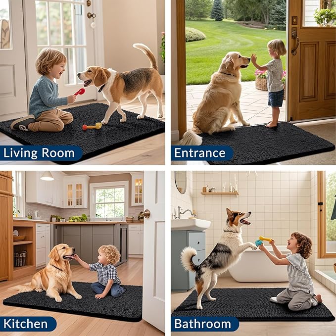 Smiry Dog Door Mat for Muddy Paws 59x24, Absorbs Moisture and Dirt Doormat, Non-Slip Washable Quick Dry Chenille Front Door Mat Indoor Entrance, Entryway Carpet for Inside Floor, Black