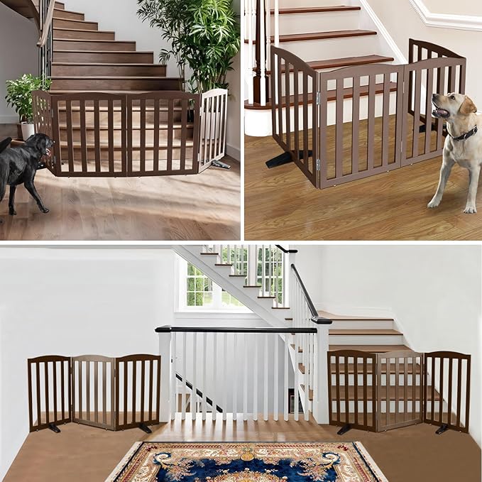 ZJSF Foldable Freestanding Indoor Dog Gate for House Wood Long Pet Gates Dog Fence for Stairs Puppy Gates for Hallways, Puppy Gate,Support Feet Included, Brown, 24 "Height-6 Panels